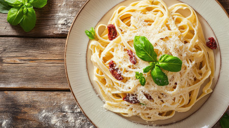 A delicious homemade tagliatelle pasta dish with olive oil, sun-dried tomatoes, and parmesan, arranged beautifully on a rustic plate.の素材