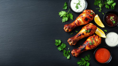 A delicious spread of crispy fried chicken drumsticks, served with a variety of sauces, lemon wedges, and fresh parsley.の素材