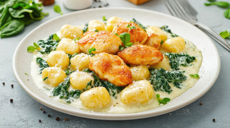 A delicious plate of Italian gnocchi with spinach, creamy sauce, and fried chicken fillet, set on a light grey background.の素材