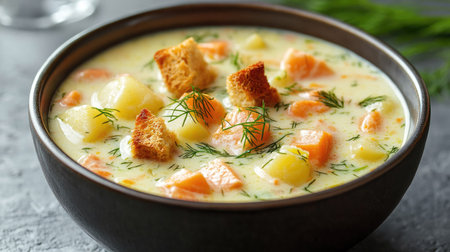 A creamy bowl of Finnish salmon soup, packed with potatoes, carrots, and dill, served with crispy croutons on a gray stone surface.の素材