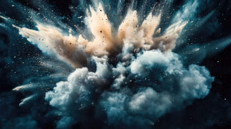 A powerful dust explosion bursts outward, filling the dark space with chaotic, suspended particles.の素材