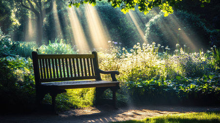 A peaceful wooden bench in the Royal Botanic Gardens, London, beneath a tree with soft sunbeams filtering through.の素材