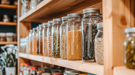 A perfectly organized wooden pantry with rows of glass jars containing homemade preserved food, pickled vegetables, and marinades.の素材