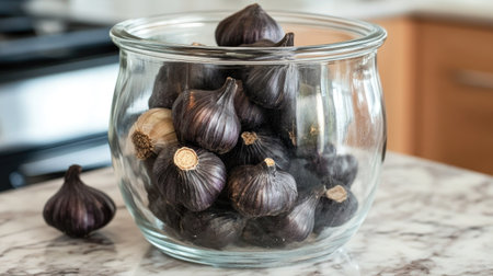 A glass jar filled with black garlic cloves, showing their glossy, aged texture and deep color, on a kitchen countertop.の素材