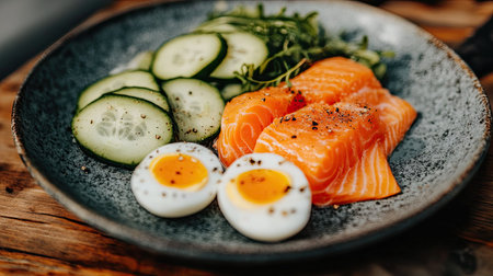 A refreshing low-carb breakfast with salmon, avocado slices, boiled eggs, and cucumbers, beautifully arranged on a plate.の素材