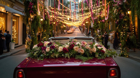 A dream wedding car in elegant wine color, decorated with lush floral arrangements and trailing ribbons over the hoodの素材