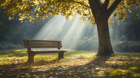 A peaceful wooden bench in the Royal Botanic Gardens, London, beneath a tree with soft sunbeams filtering through.の素材