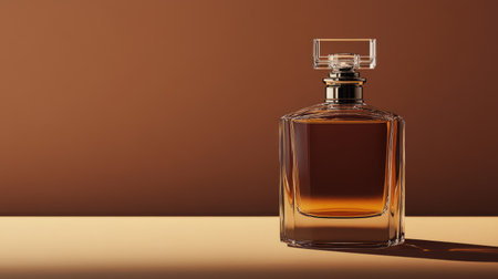 A sharp, elegant cologne bottle with deep caramel hues, photographed against a rich brown background with branding space.の素材