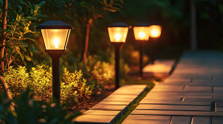 A row of solar-powered LED lights in a contemporary backyard, creating a warm and energy-efficient glow.の素材