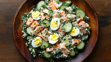 A rustic presentation of keto salmon salad with creamy avocado, eggs, cucumbers, and greens on a wooden plate.の素材