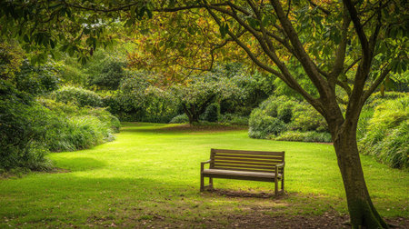A serene park scene featuring a wooden bench under a leafy tree in the Royal Botanic Gardens, London, UK.の素材