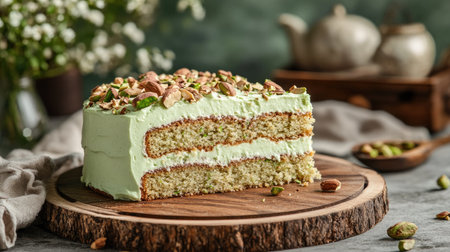 A slice of fluffy pistachio cake with creamy frosting, decorated with nuts, placed on a rustic wooden board with soft natural lighting.の素材