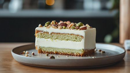 A rustic pistachio cake slice with rich cream, topped with chopped nuts, plated on a neutral-toned ceramic dish.の素材