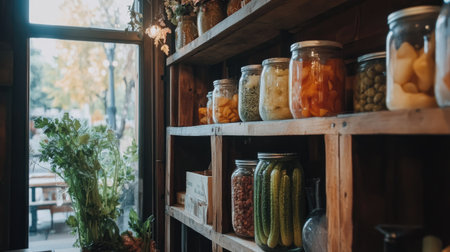A rustic wooden shelf filled with glass jars of preserved vegetables, pickles, and marinated foods, neatly arranged for storage.の素材
