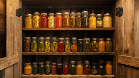 A rustic wooden pantry with shelves filled with assorted glass jars of pickled cucumbers, marinated tomatoes, and fermented foods.の素材