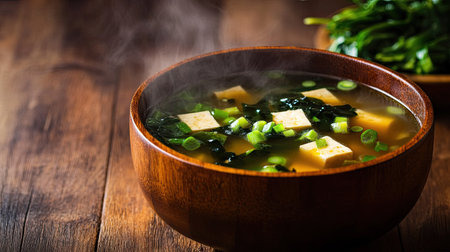 A steaming bowl of traditional miso soup with silken tofu, wakame seaweed, and green onions, served in a wooden bowl on a rustic table.の素材