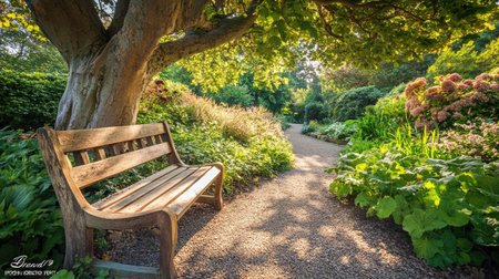 A rustic wooden bench shaded by a magnificent tree in the Royal Botanic Gardens, London, offering a relaxing retreat.の素材