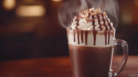 A steaming cup of hazelnut mocha with creamy froth, drizzled with chocolate, and topped with finely crushed hazelnuts.の素材