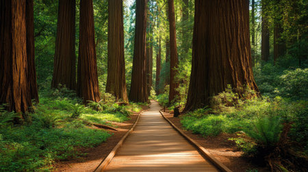 A scenic wooden boardwalk leads straight through a thick forest, framed by tall trees and greenery.の素材