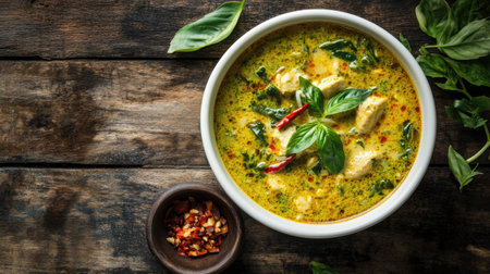A white ceramic bowl filled with authentic Thai green curry, placed on a rustic wooden surface with a small side of chili sauce.の素材