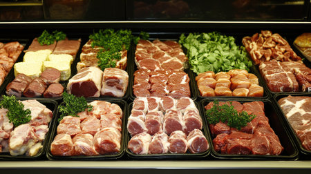 A variety of fresh meat selections in a supermarket refrigerated display, arranged for easy selection.の素材