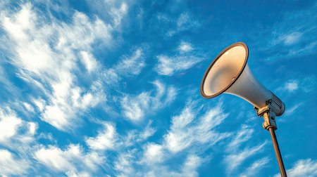 A well-maintained megaphone speaker system attached to a tall pole, set against the blue and white clouds of the Moscow sky.の素材