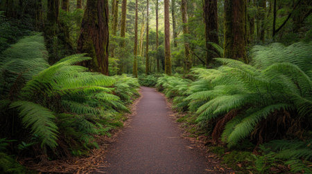 A straight pathway meanders through a vibrant forest park, framed by lush trees and tranquil scenery.の素材