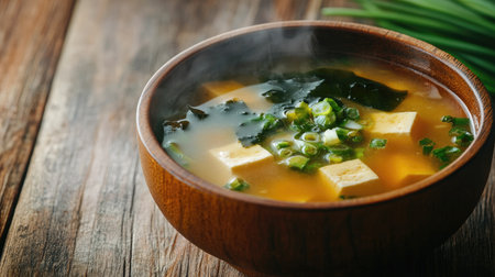 A steaming bowl of traditional miso soup with silken tofu, wakame seaweed, and green onions, served in a wooden bowl on a rustic table.の素材