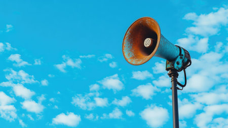 A vintage-style megaphone speaker mounted on a streetlight pole, set against a bright blue sky with scattered clouds in Moscow.の素材