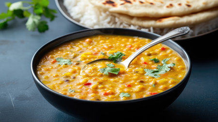 A spoon dipping into a creamy red lentil soup with coconut milk and curry, with basmati rice and naan in the background on a dark blue table.の素材