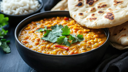 A steaming bowl of red lentil soup with coconut milk and curry, served with fluffy basmati rice and warm naan bread on a dark blue background.の素材