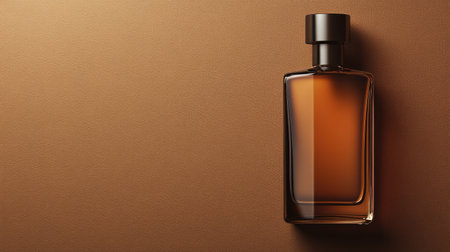 A premium men's cologne bottle with an elegant cap, resting on a warm brown background, ideal for advertising.の素材