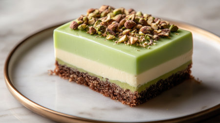 A gourmet pistachio cake slice with a velvety cream layer and crushed nuts, served on a marble dessert plate.の素材