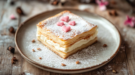 A plate of freshly made Mille Feuille with vanilla pastry cream, dusted with powdered sugar, and decorated with tiny fondant hearts.の素材