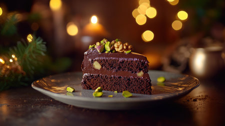 A rich, indulgent chocolate cake slice with silky frosting, walnuts, and pistachios, elegantly served on a handcrafted ceramic plate with soft lighting.の素材