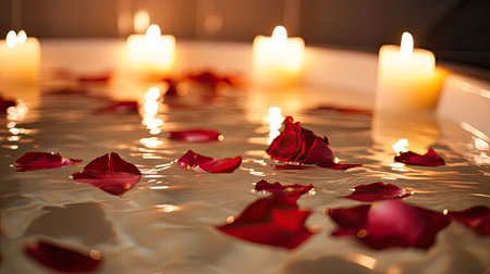 A romantic candlelit bath with rose petals floating on water, luxurious and relaxing ambiance.の素材