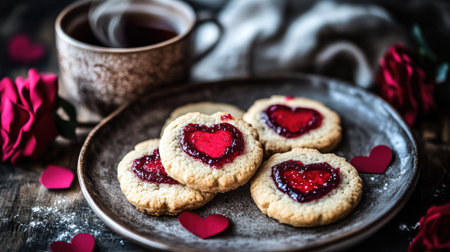 A plate of freshly baked Valentine's Day cookies with a red jam heart, accompanied by a steaming cup of tea in a romantic setting.の素材