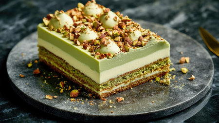 A gourmet pistachio cake slice with a velvety cream layer and crushed nuts, served on a marble dessert plate.の素材