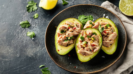 Light lunch on keto diet halved avocado filled with tuna, photographed on textured ceramic plate and linen napkinの素材