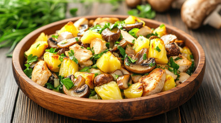 Light and fresh chicken salad combining sweet pineapple and earthy mushrooms on aged wooden boardsの素材