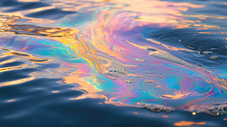 Iridescent bubbles and foam floating on blue water, reflecting light and forming a clean, fresh pattern.の素材