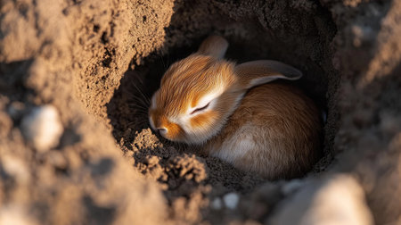 A tiny brown rabbit curled up in a hole, its body half-buried in the soft soil.の素材