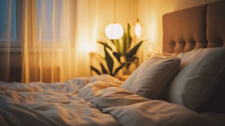 Interior of a modern bedroom with soft lighting, neutral decor, and a luxurious bed as the focal pointの素材