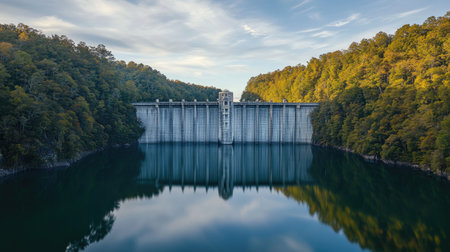 Massive concrete dam structure with water gently flowing from the spillway surrounded by tropical forestの素材