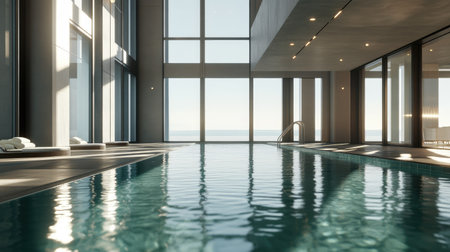 Indoor pool in a luxurious hotel with floor-to-ceiling windows, reflecting sunlight across calm turquoise waterの素材