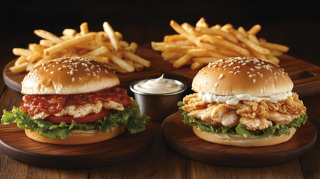A delicious chicken burger with a toasted brioche bun, crispy fries, and a side of mayo, all served on a wooden plate.の素材