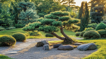 Japanese pine tree standing tall under soft early light, dramatic shadows falling across garden stonesの素材