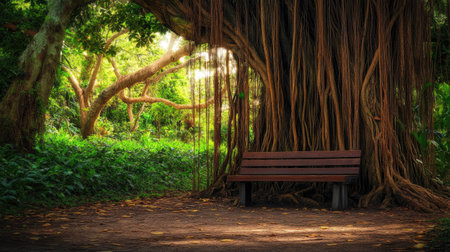 A quiet wooden bench under a towering tree in the Royal Botanic Gardens, London, offering a peaceful place to relax.の素材