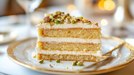 A piece of gourmet pistachio cake with delicate cream layers, garnished with chopped pistachios, served on a golden-rimmed dish.の素材