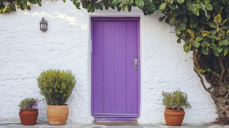 Lavender-toned door with whitewashed stone frame, small garden pots nearby in a French seaside townの素材